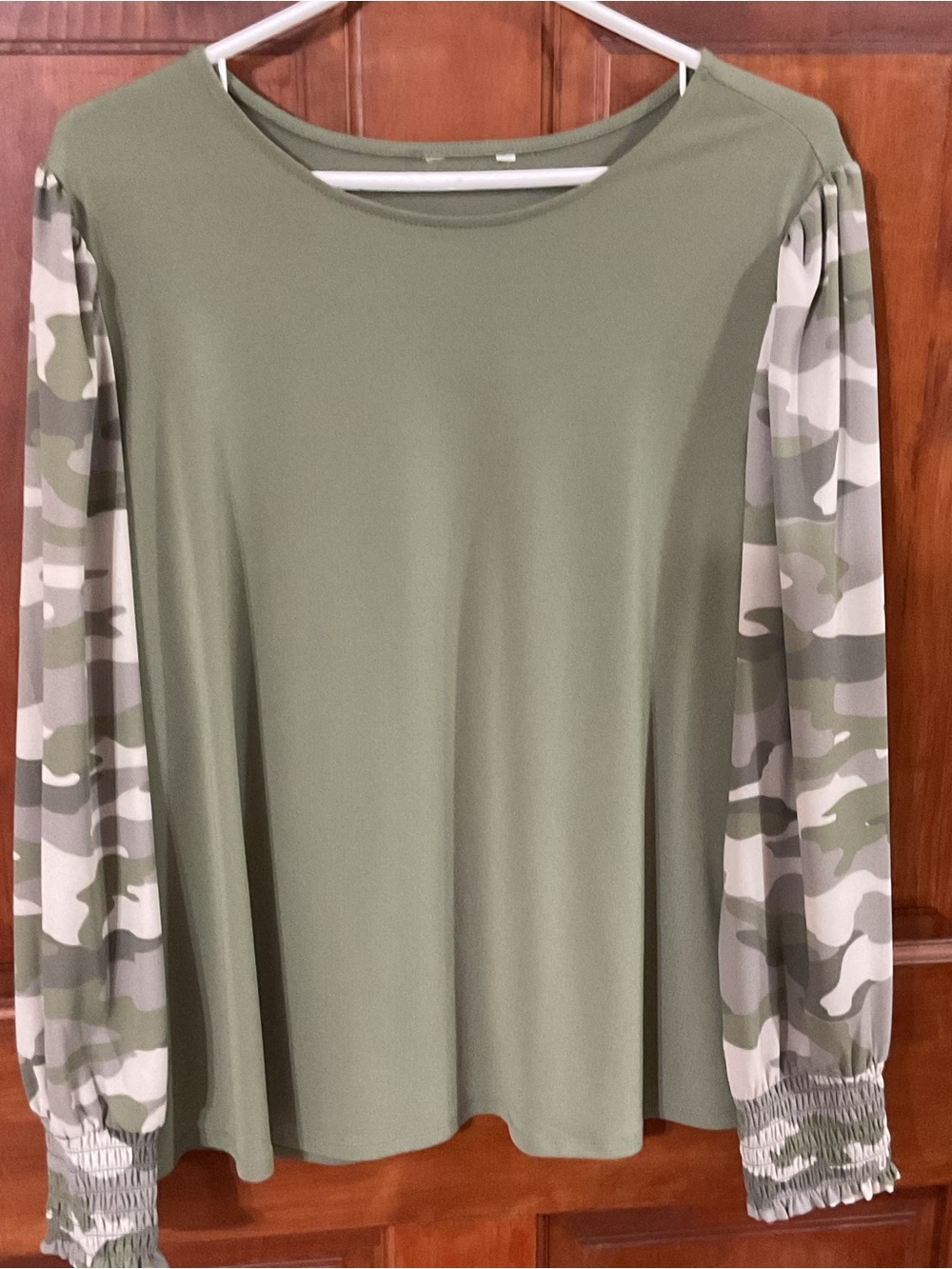 Olive Green Long Sleeve Top with Camo Print Sleeves